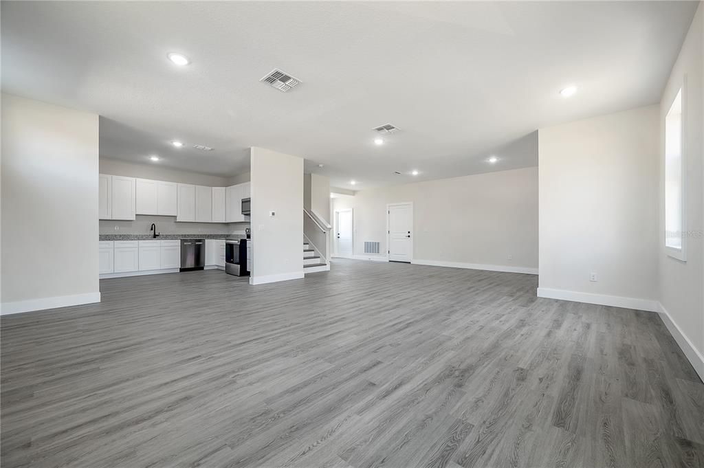 Empty room, Interior, Kitchen, Recessed Lighting, Wood Texture Flooring