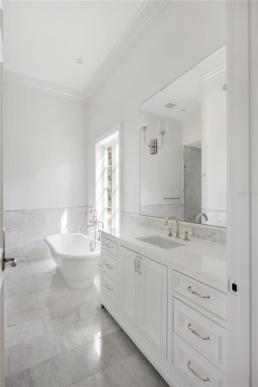 Bathroom, Dual Sink Vanities, Free Standing Baths, Interior, Marble, Recessed Lighting