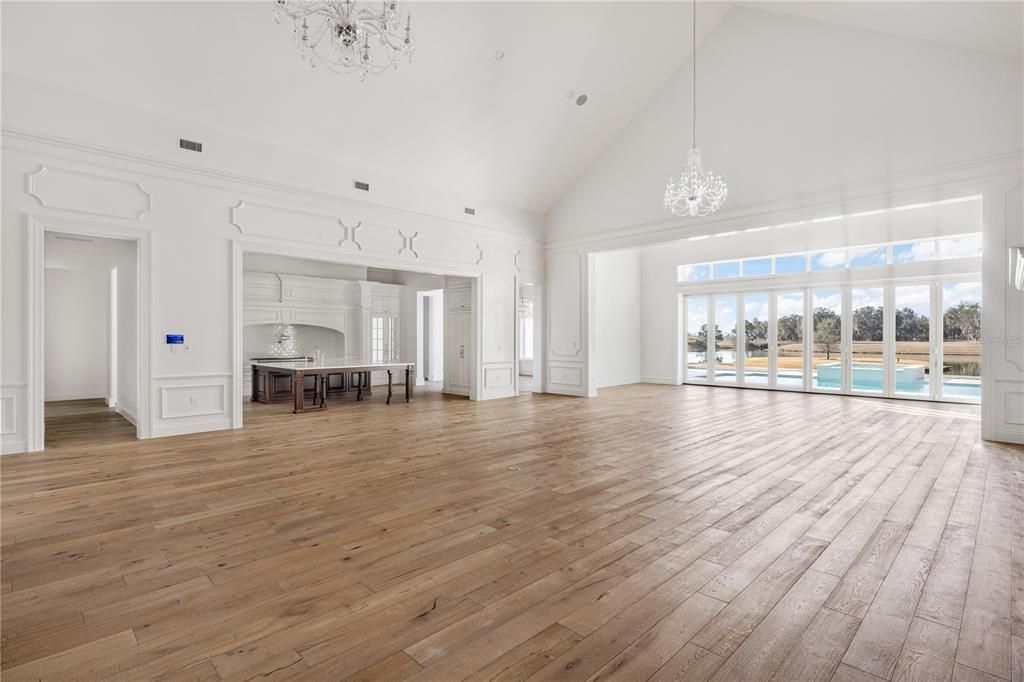 Chandelier, Empty room, Interior, Pendant Lights, Wood Texture Flooring