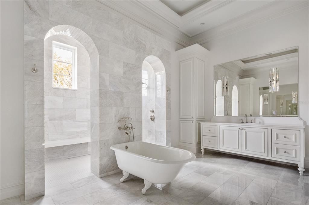 Bathroom, Dual Sink Vanities, Free Standing Baths, Interior, Pendant Lights
