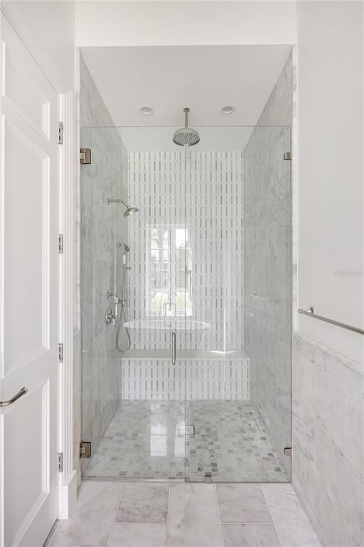 Bathroom, Glass Shower, Interior, Marble, Marble Walls, Recessed Lighting