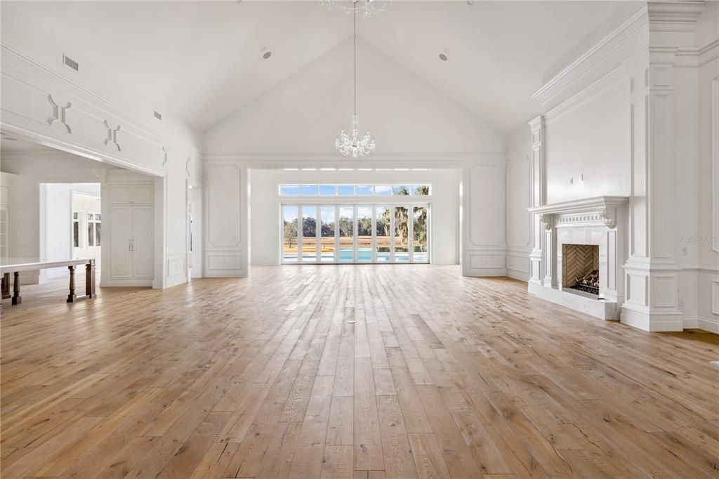 Empty room, Fireplace, Interior, Pendant Lights, Wood Texture Flooring