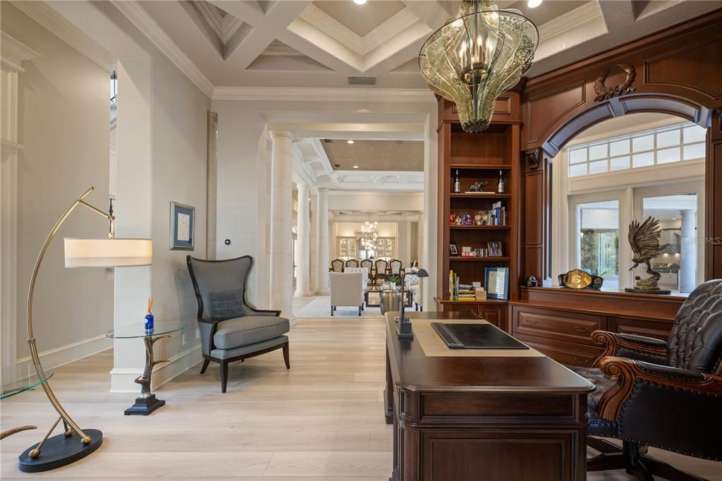 Chandelier, Home Office, Interior, Recessed Lighting, Wood Texture Flooring