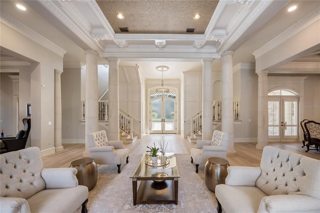 Chandelier, Interior, Living room, Recessed Lighting, Wood Texture Flooring