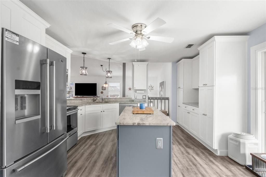 Interior, Kitchen, Pendant Lights, Stainless Steel Appliances, Wood Texture Flooring