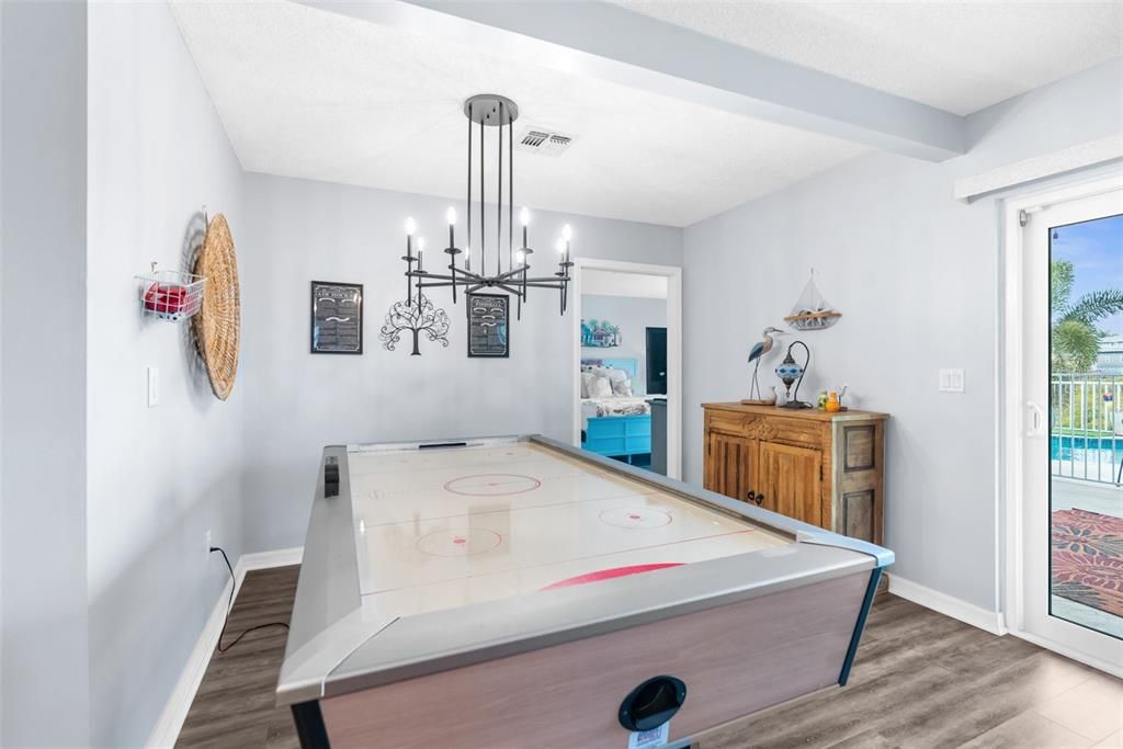 Chandelier, Game Room, Interior, Pendant Lights, Wood Texture Flooring
