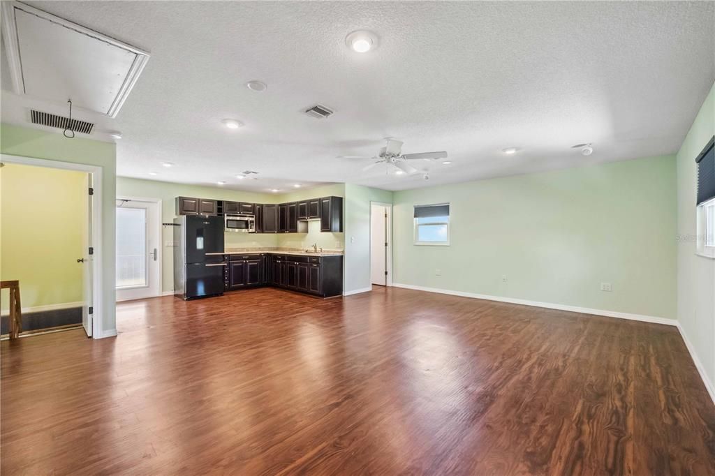 Empty room, Interior, Kitchen, Recessed Lighting, Wood Texture Flooring