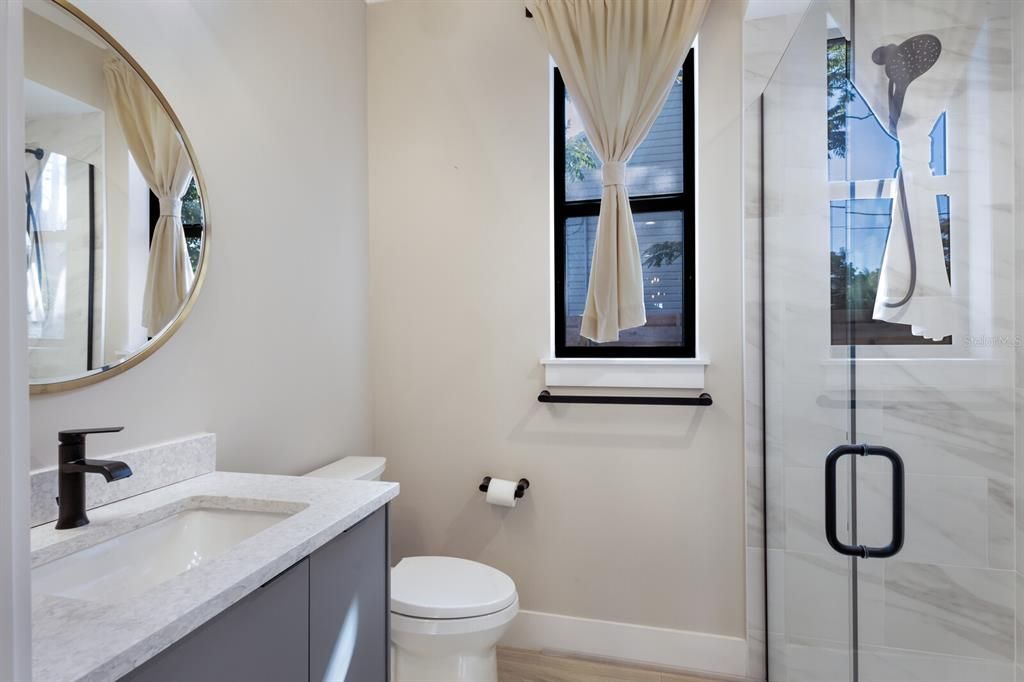 Bathroom, Glass Shower, Interior, Wood Texture Flooring