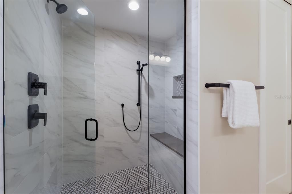 Bathroom, Glass Shower, Interior, Marble Walls, Recessed Lighting