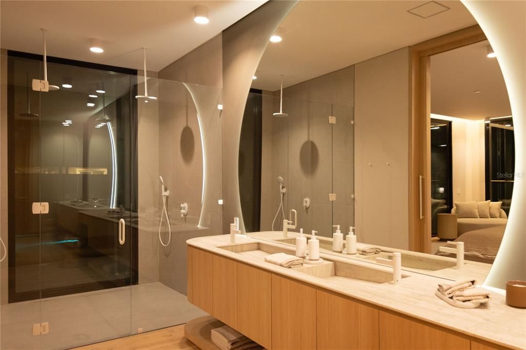 Bathroom, Dual Sink Vanities, Glass Shower, Interior, Recessed Lighting, Wood Texture Flooring