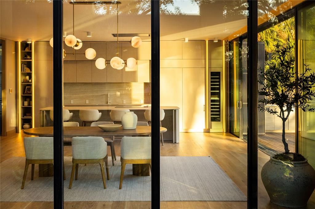 Dining room, Interior, Pendant Lights, Wood Texture Flooring