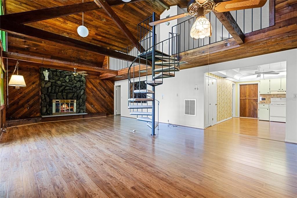 Fireplace, Interior, Pendant Lights, Wooden Beams, Wooden Ceilings, Wood Texture Flooring, Wooden Walls