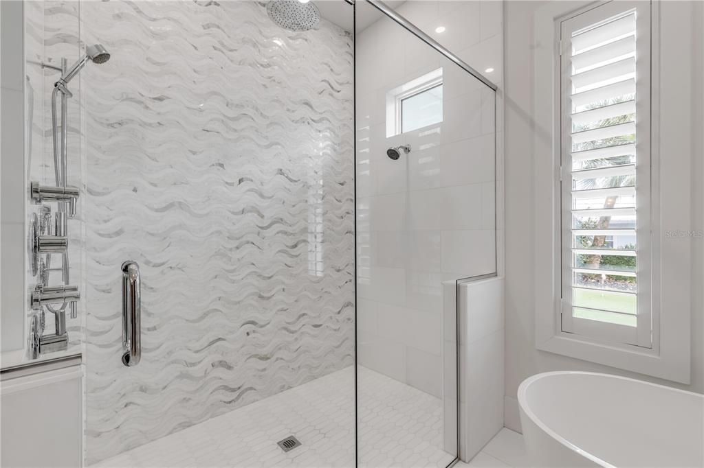 Bathroom, Glass Shower, Interior, Marble Walls, Recessed Lighting