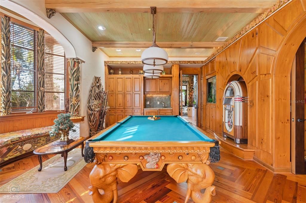 Billiard Table, Game Room, Interior, Pendant Lights, Recessed Lighting, Wooden Beams, Wooden Ceilings, Wood Texture Flooring, Wooden Walls