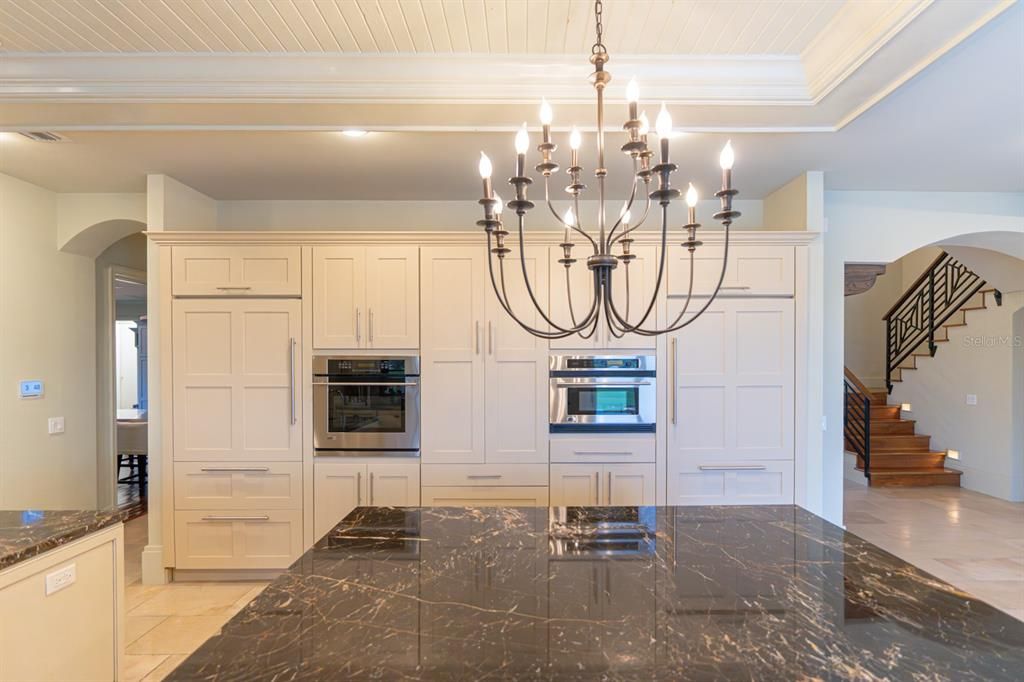 Chandelier, Interior, Kitchen, Marble, Recessed Lighting, Stainless Steel Appliances