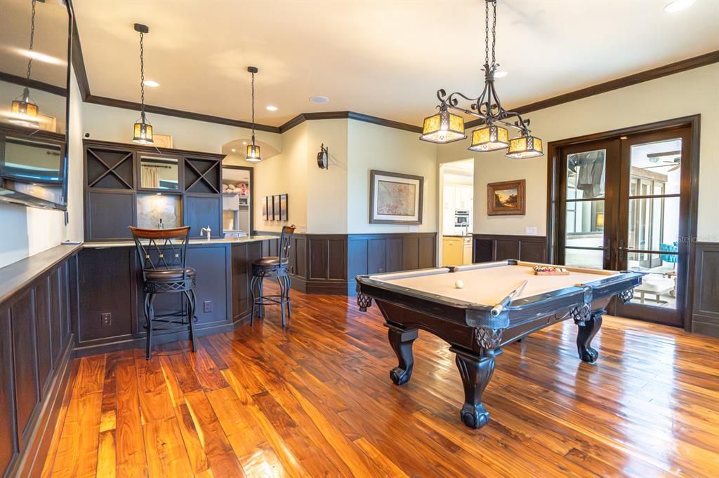 Billiard Table, Game Room, Interior, Pendant Lights, Recessed Lighting, Wood Texture Flooring