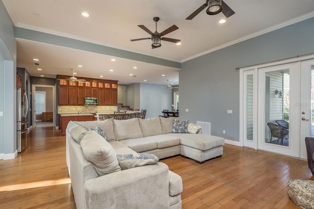 Dining room, Interior, Kitchen, Living room, Recessed Lighting, Wood Texture Flooring