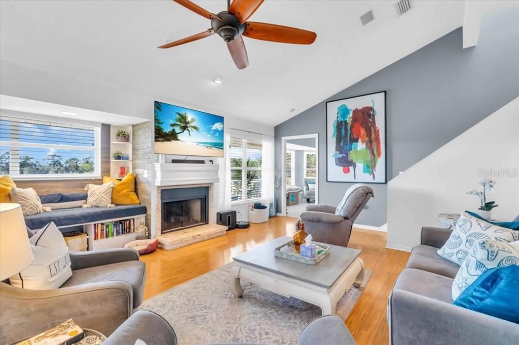 Fireplace, Interior, Living room, Recessed Lighting, Wood Texture Flooring