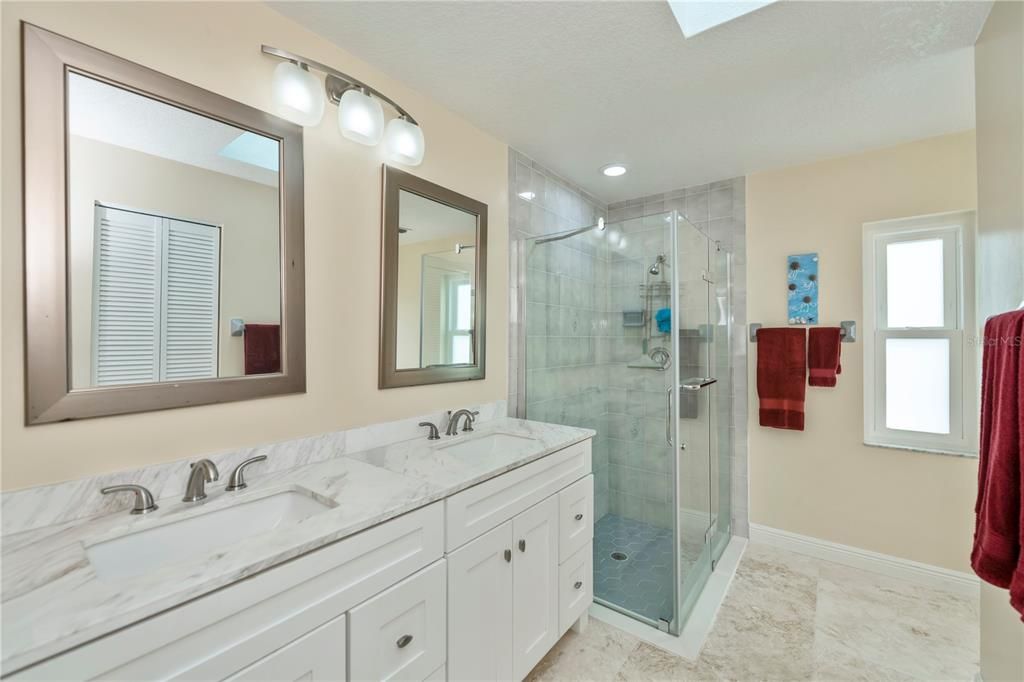 Bathroom, Dual Sink Vanities, Glass Shower, Interior, Recessed Lighting