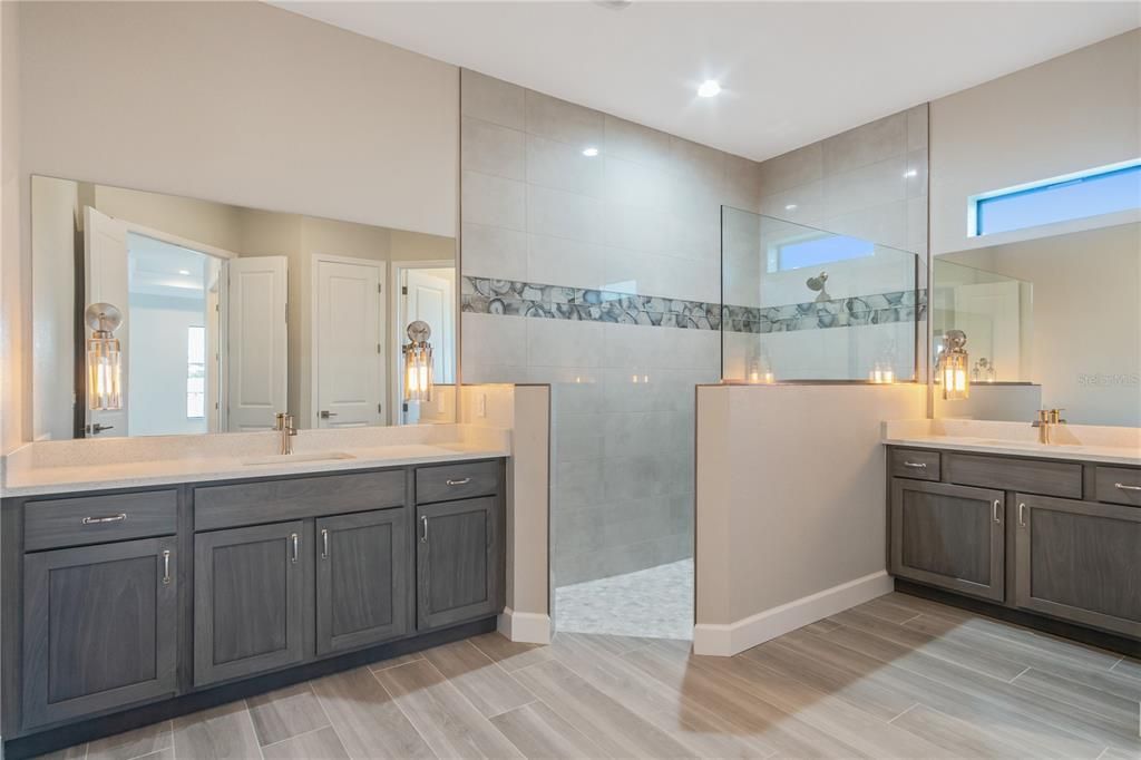 Bathroom, Dual Sink Vanities, Glass Shower, Interior, Recessed Lighting, Wood Texture Flooring