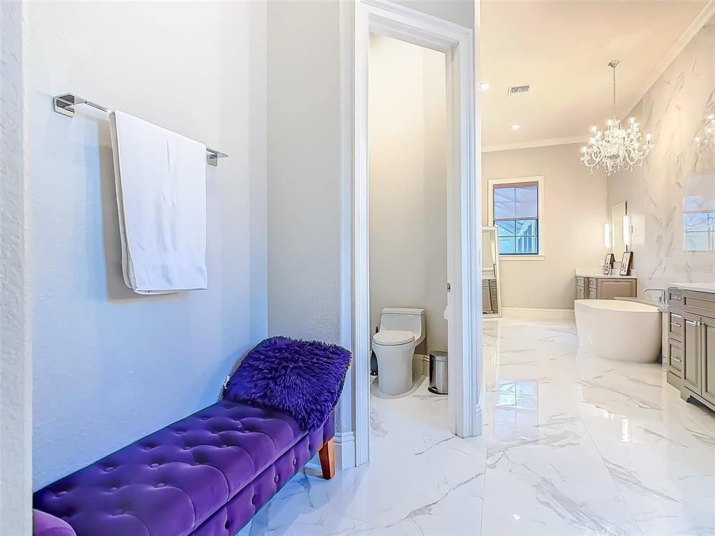 Bathroom, Chandelier, Free Standing Baths, Interior, Marble, Marble Walls, Recessed Lighting