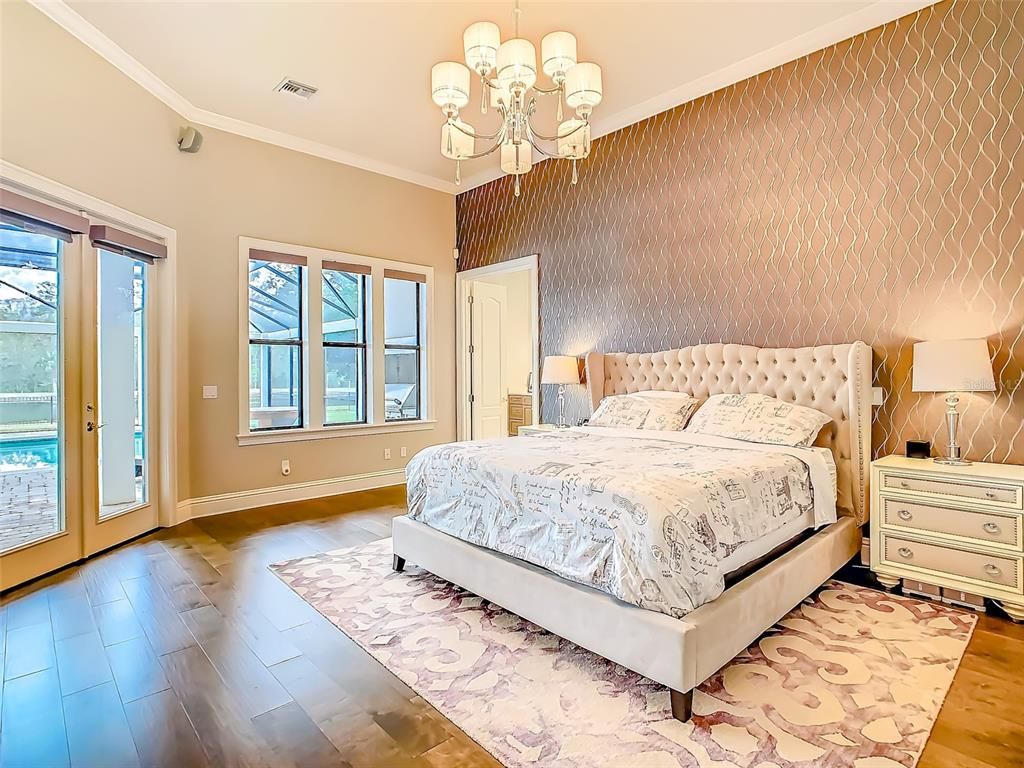 Bedroom, Chandelier, Interior, Wood Texture Flooring