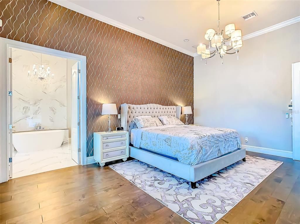 Bathroom, Bedroom, Chandelier, Interior, Marble, Marble Walls, Recessed Lighting, Wood Texture Flooring