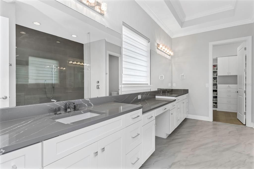 Bathroom, Dual Sink Vanities, Glass Shower, Interior, Marble, Recessed Lighting