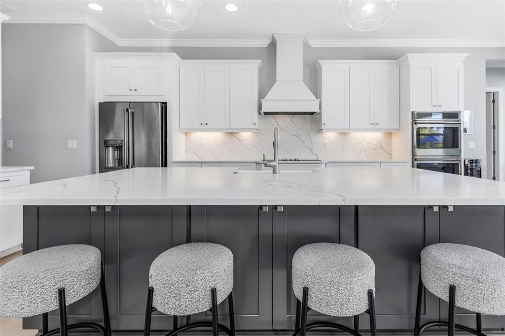 Interior, Kitchen, Marble Walls, Recessed Lighting, Stainless Steel Appliances