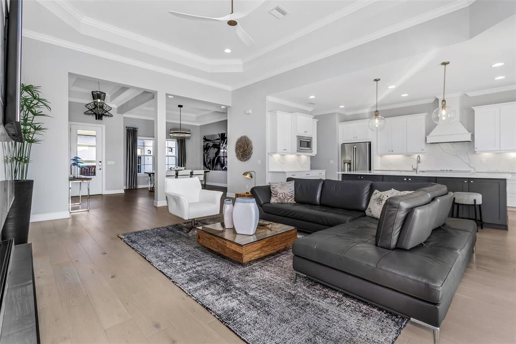 Interior, Kitchen, Living room, Pendant Lights, Recessed Lighting, Stainless Steel Appliances, Wood Texture Flooring
