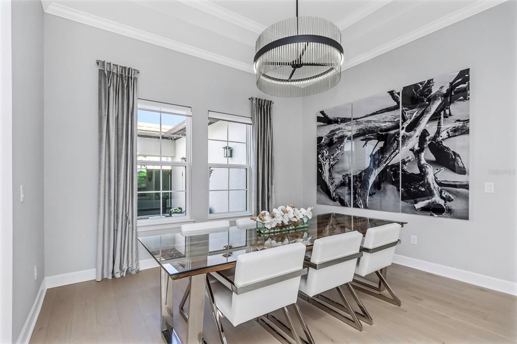 Dining room, Interior, Pendant Lights, Wood Texture Flooring