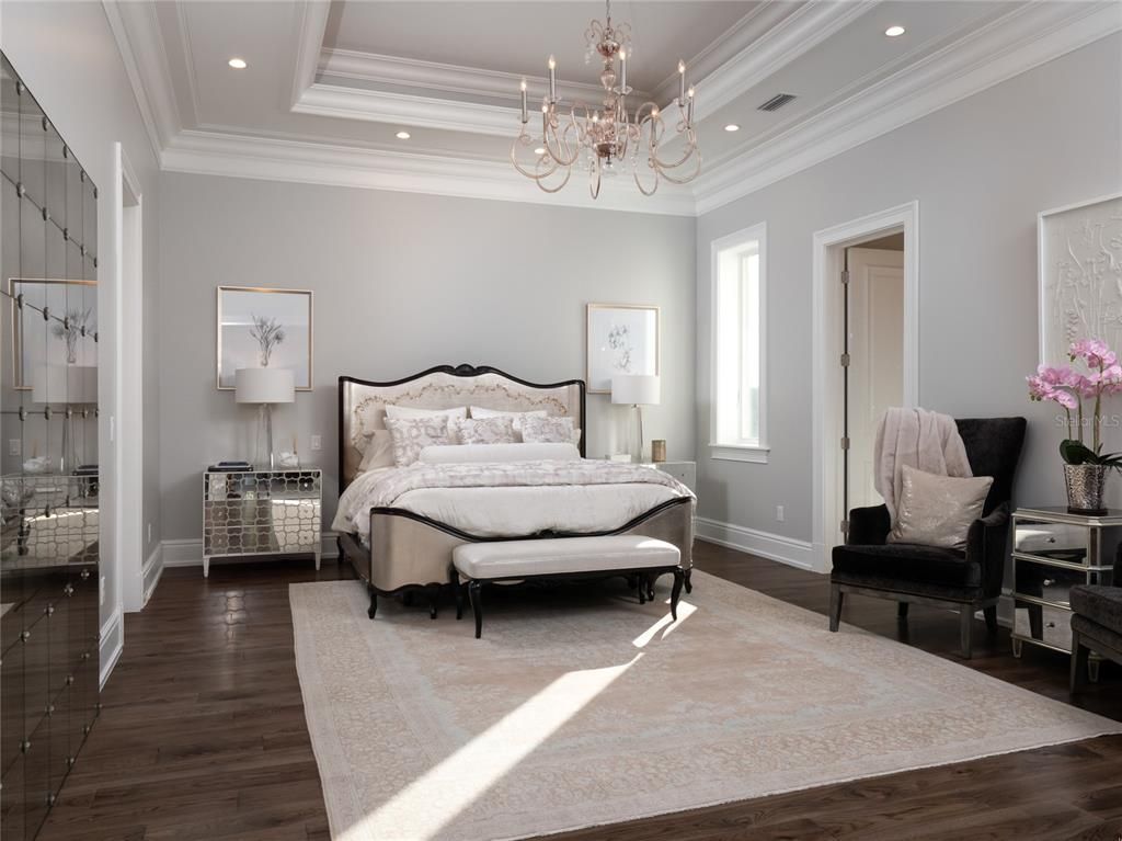 Bedroom, Chandelier, Interior, Recessed Lighting, Wood Texture Flooring