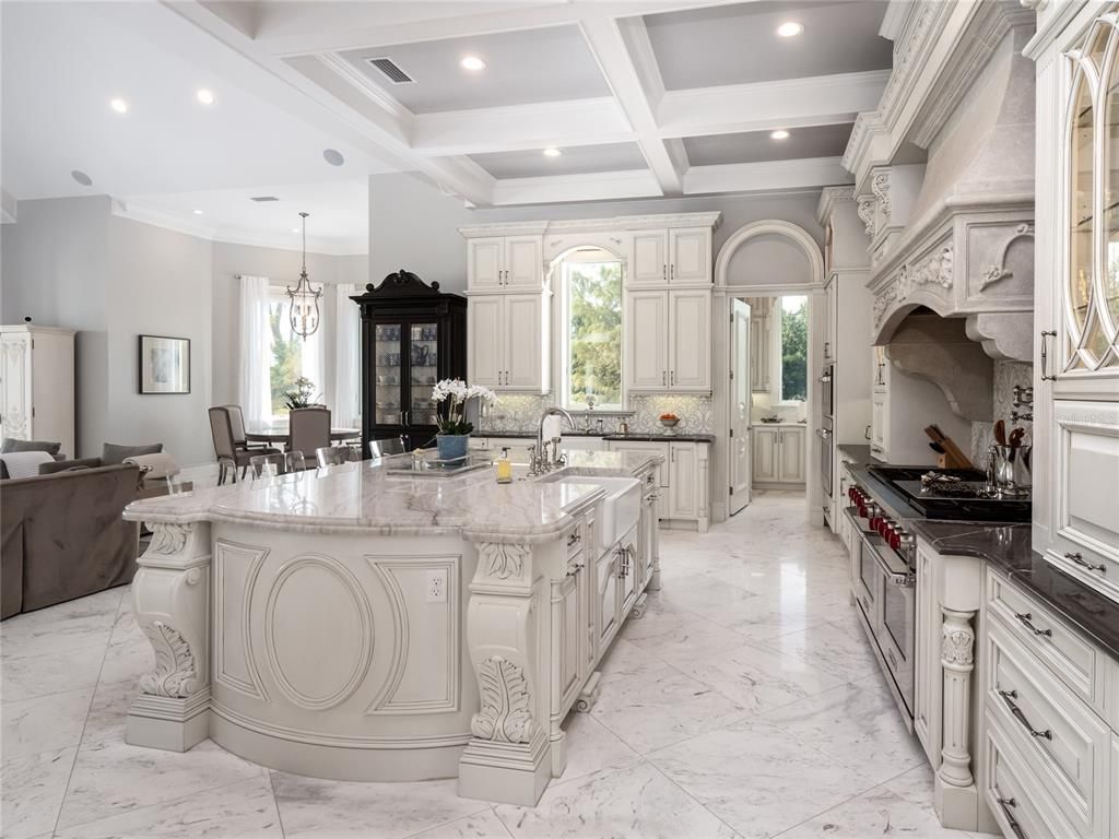 Chandelier, Dining room, Interior, Kitchen, Living room, Marble, Recessed Lighting, Stainless Steel Appliances