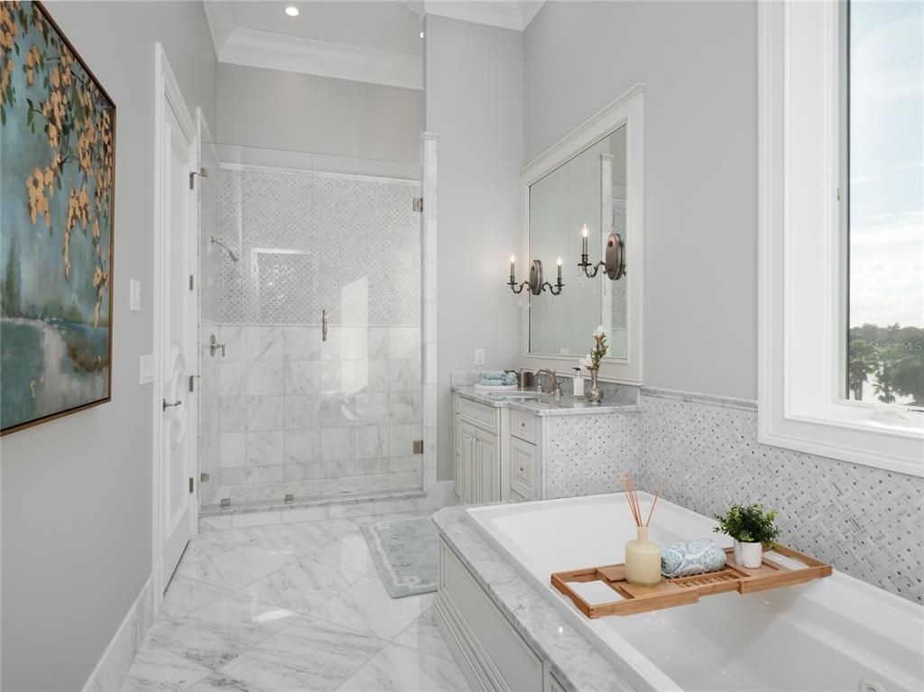 Bathroom, Dual Sink Vanities, Glass Shower, Interior, Marble, Marble Walls, Recessed Lighting