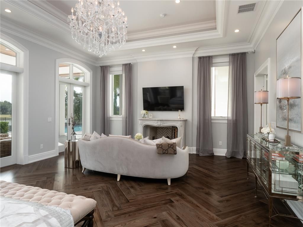 Chandelier, Fireplace, Interior, Living room, Recessed Lighting, Wood Texture Flooring
