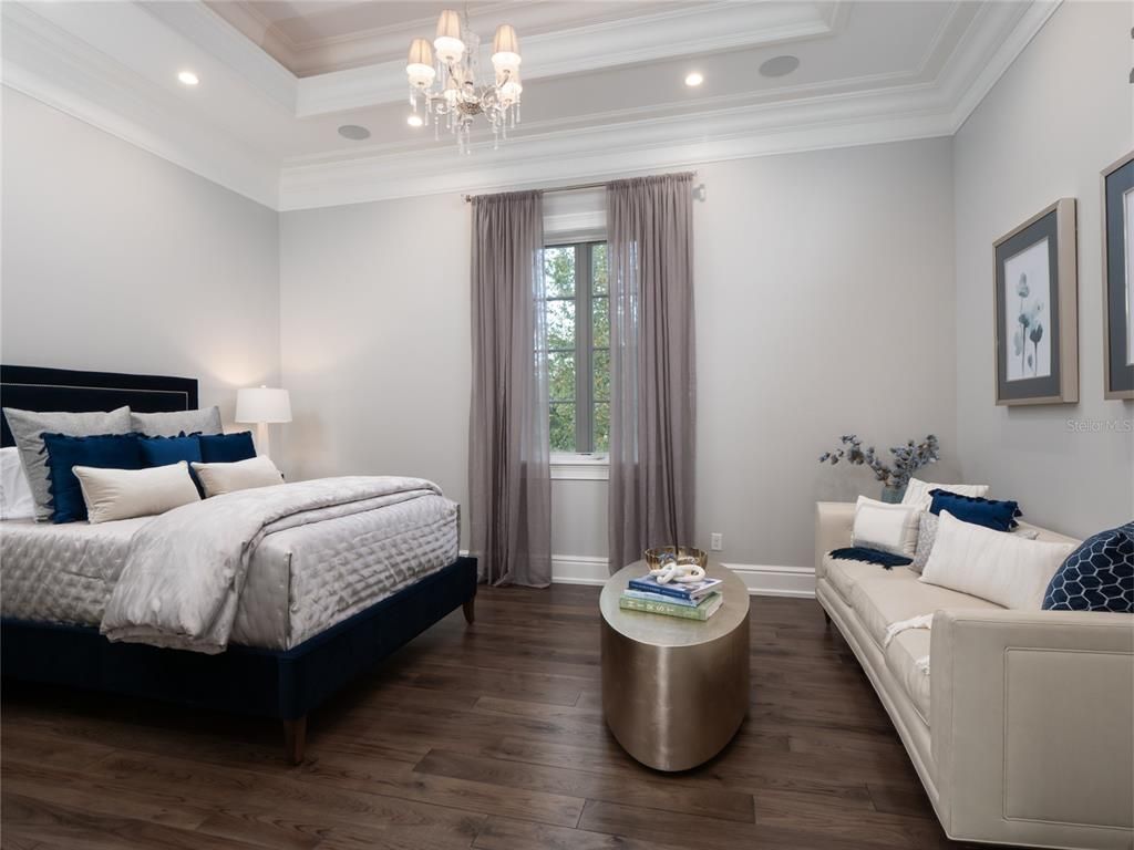 Bedroom, Chandelier, Interior, Recessed Lighting, Wood Texture Flooring