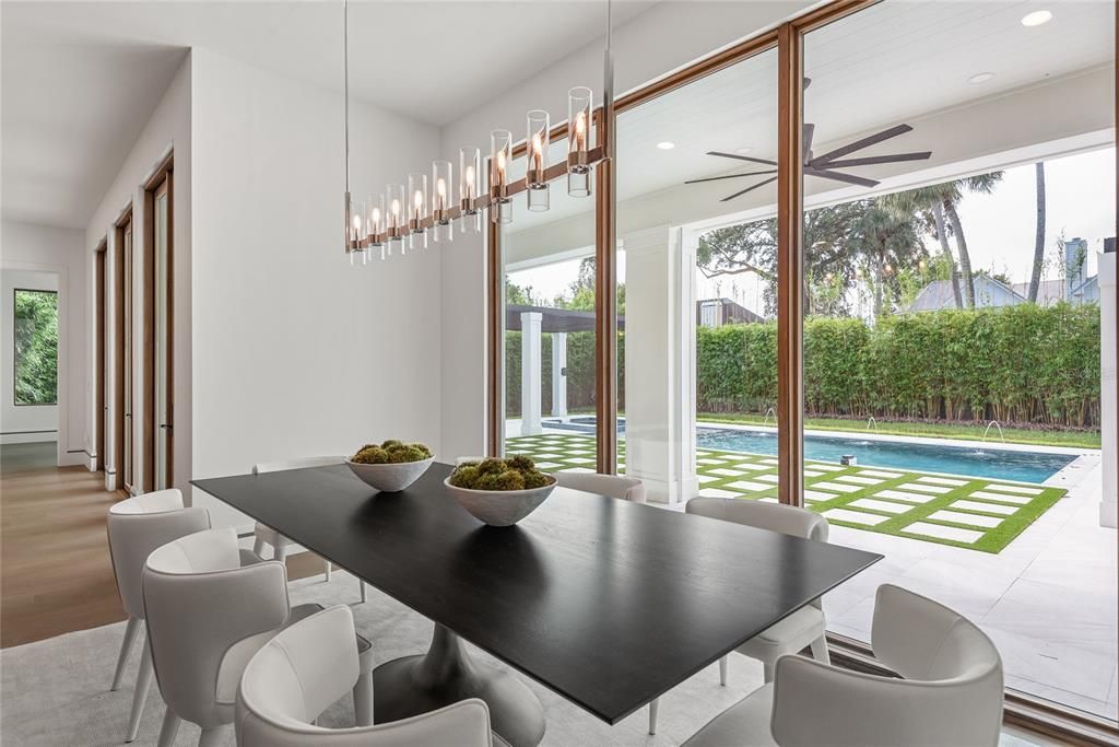 Dining room, Interior, Pendant Lights, Recessed Lighting, Wood Texture Flooring