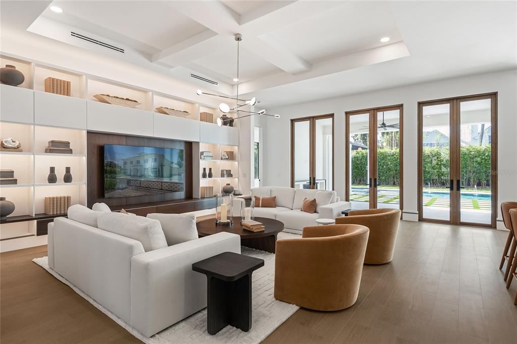 Interior, Living room, Pendant Lights, Recessed Lighting, Wood Texture Flooring