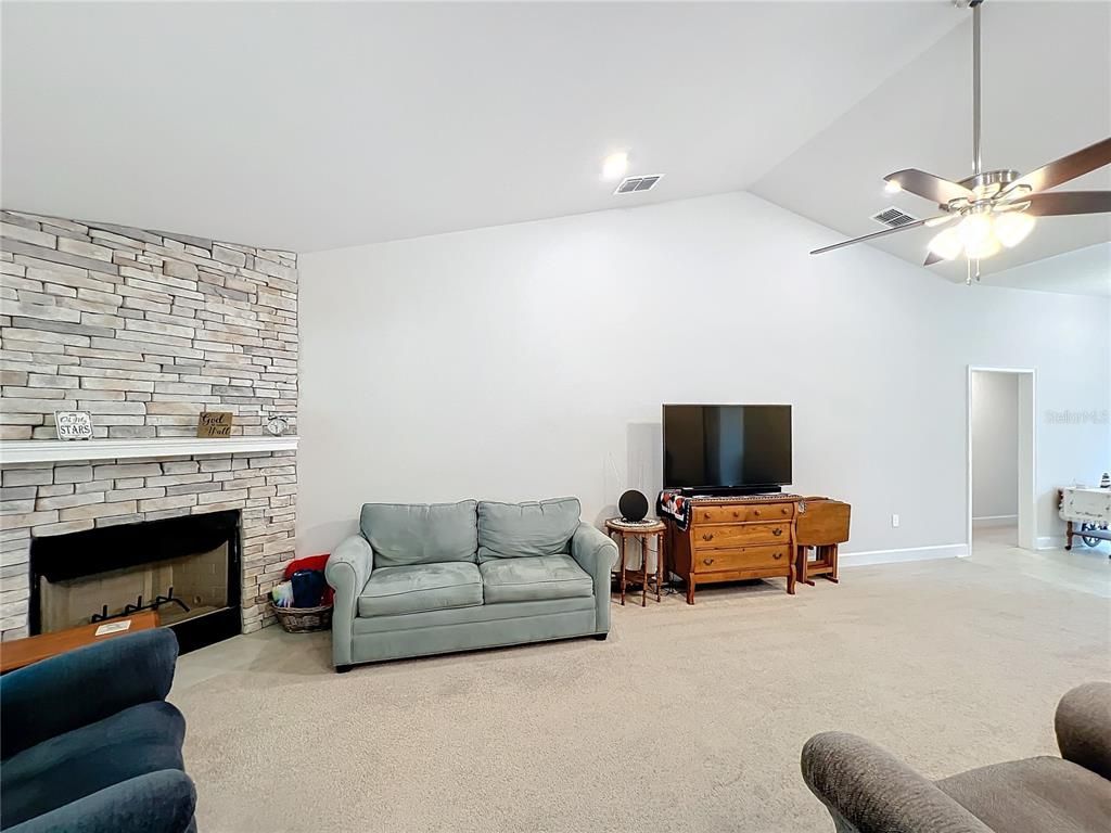 Fireplace, Interior, Recessed Lighting, Stone Walls