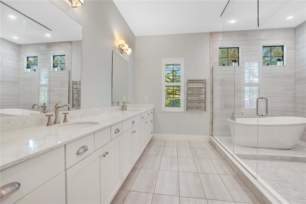 Bathroom, Dual Sink Vanities, Free Standing Baths, Glass Shower, Interior, Recessed Lighting
