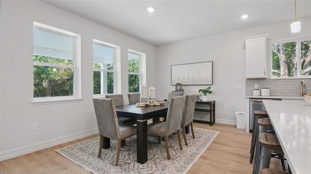 Dining room, Interior, Pendant Lights, Recessed Lighting, Wood Texture Flooring