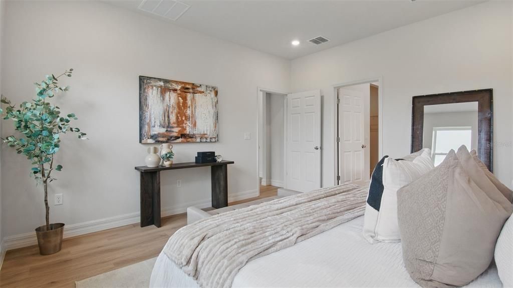 Bedroom, Interior, Recessed Lighting, Wood Texture Flooring