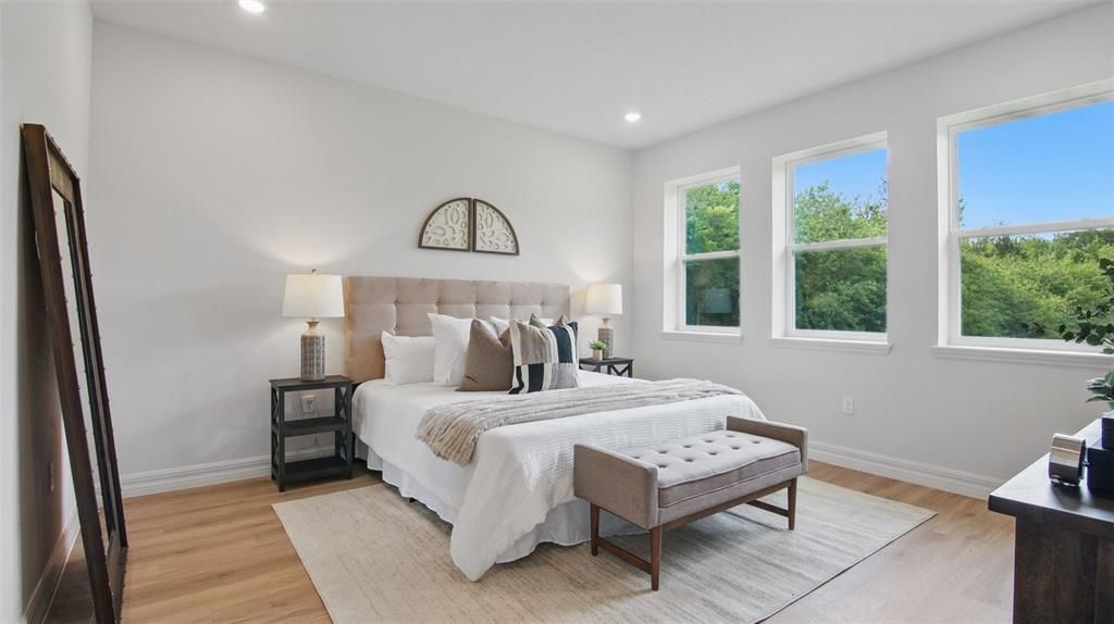 Bedroom, Interior, Recessed Lighting, Wood Texture Flooring