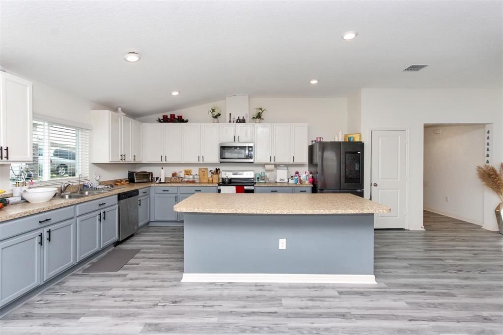 Interior, Kitchen, Recessed Lighting, Stainless Steel Appliances, Wood Texture Flooring