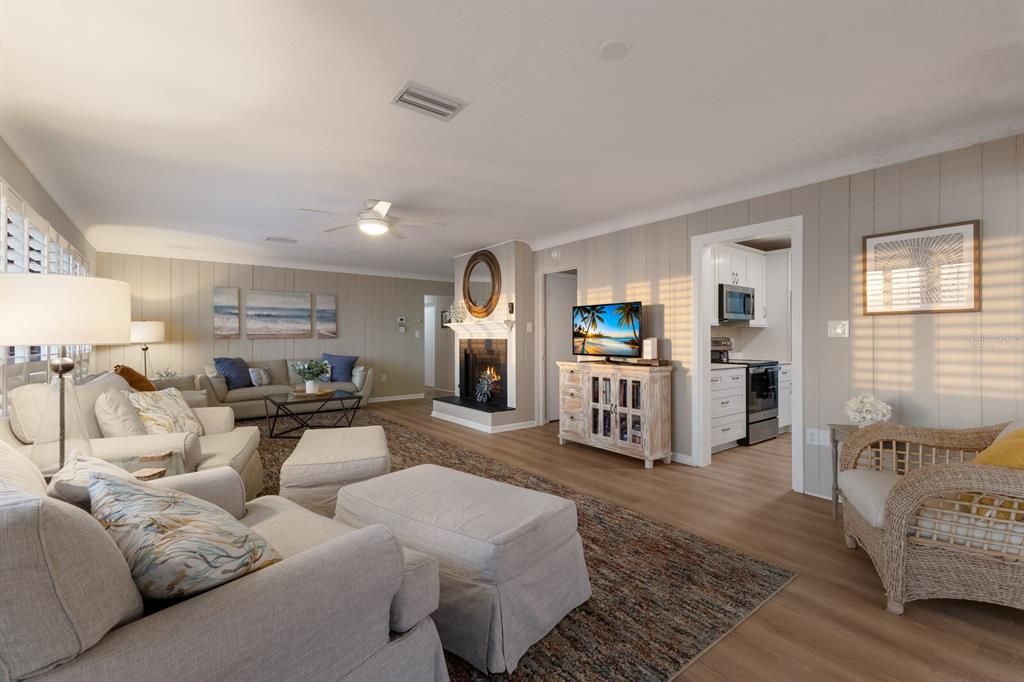 Fireplace, Interior, Kitchen, Living room, Wood Texture Flooring