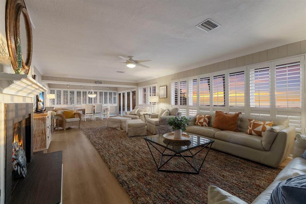 Dining room, Fireplace, Interior, Living room, Pendant Lights, Wood Texture Flooring