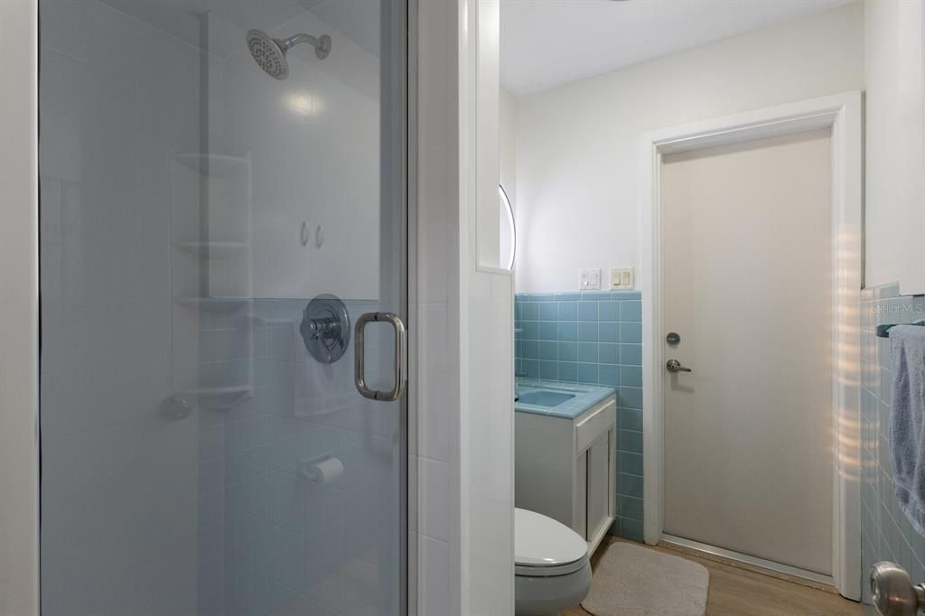 Bathroom, Glass Shower, Interior, Wood Texture Flooring