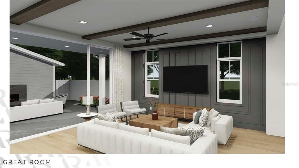 Fireplace, Interior, Living room, Recessed Lighting, Wooden Beams, Wood Texture Flooring
