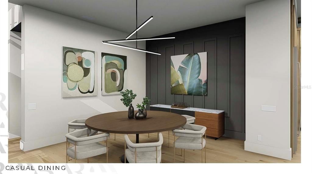 Dining room, Interior, Pendant Lights, Wood Texture Flooring