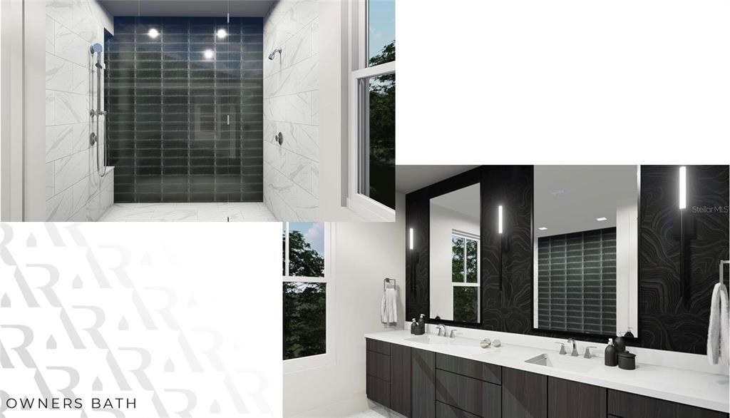 Bathroom, Dual Sink Vanities, Glass Shower, Interior, Marble, Marble Walls, Recessed Lighting